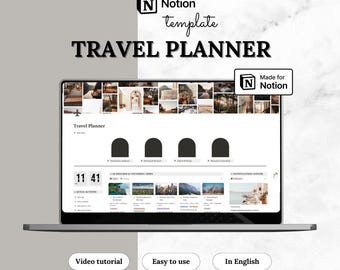 Modello Notion Planner di viaggio / Vacanze e festività, Diario di viaggio, Organizzatore di itinerari e Tracker di budget / Lista di cose da mettere in valigia / Digitale