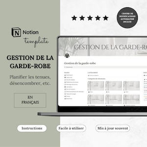 Template Notion Gestion de la Garde-Robe | Planificateur de tenues, Historique de tenues & Suivi de Lessive | Template Notion français