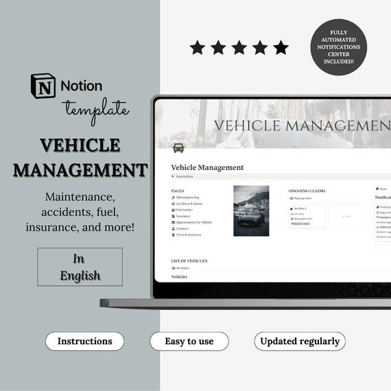 Notion Template Vehicle Management | Maintenance Log, Fuel Tracker, Insurance & Fleet Management | Notion Dashboard for Car Maintenance