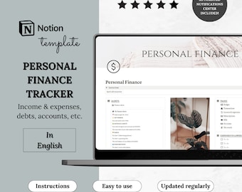 Notion template personal finance tracker, Net worth tracker, Expense tracker, Income tracker, Monthly budget template, Savings tracker