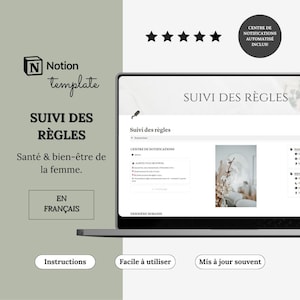 Peut inclure: Un écran d'ordinateur portable affichant un modèle Notion pour le suivi des cycles menstruels. Le modèle est en français et comprend une section pour le suivi des détails du cycle, un centre de notifications et une section pour la dernière semaine. Le modèle est intitulé "Suivi des Règles". L'ordinateur portable est sur une surface blanche avec une image floue d'une fleur blanche en arrière-plan.
