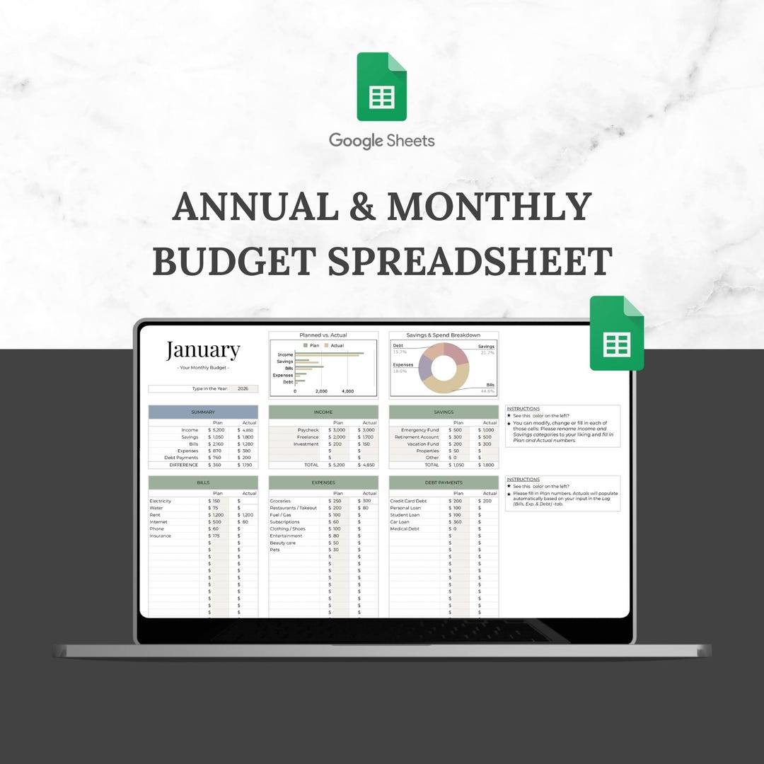 Hoja de cálculo de presupuesto anual y mensual para Google Sheets ...