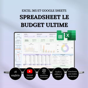 May include: A digital budget spreadsheet template for Excel 365 and Google Sheets displayed on a laptop screen. The interface features financial charts, tables, and data entry fields. Five black circular icons highlight features like 28 tabs, a YouTube tutorial, recurring transactions, ease of use, and multi-currency support.