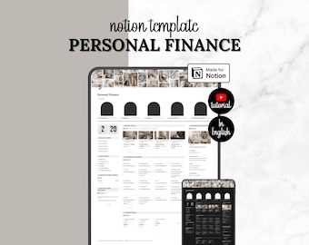 May include: A digital Notion template for personal finance management displayed on a tablet and smartphone screen. The interface features a dashboard with sections for income, expenses, and savings, including a tutorial badge and text labels.