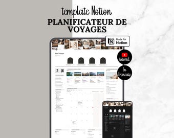 May include: A digital Notion travel planner template featuring the text template Notion PLANIFICATEUR DE VOYAGES. The interface displays a calendar, travel photos, and navigation menus. Includes a Made for Notion badge and two circular icons with tutorial text.