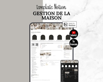 Può includere: Un modello digitale Notion per la gestione della casa intitolato GESTION DE LA MAISON, con un layout di dashboard con orologio, elenchi di attività e gallerie di immagini. Include un badge Made for Notion e due icone circolari tutoriel e En Français.