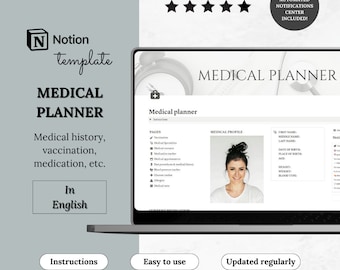 Notion template Medical Planner, Notion health dashboard, Notion aesthetic planner medical records, Medication tracker, Vaccination tracker