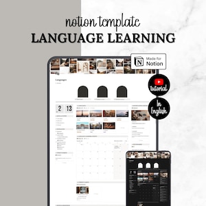 May include: A digital Notion template for language learning displayed on a tablet and smartphone screen. The interface features a header with images, a calendar, and text labels. Includes a 'Made for Notion' badge and circular icons for a tutorial in English.