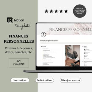 Template Notion finances personnelles | Suivi budget, dépenses, dettes & revenus | Objectifs financiers et valeur net | Notion français