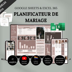 May include: A digital wedding planner template for Google Sheets and Excel 365, featuring a dashboard with charts, tables, and a photo placeholder. The interface uses a muted rose and dark gray color scheme, with icons for YouTube, LGBTQ+ inclusivity, and device compatibility.