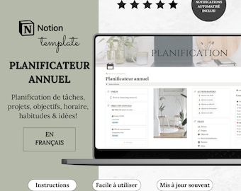 Template Notion planificateur annuel | Suivi des objectifs, gestion des tâches et habitudes | Organisateur Notion français