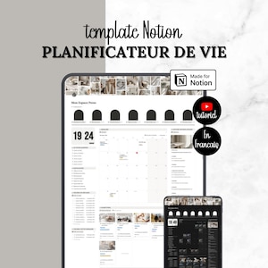 Puede incluir: Una plantilla digital de planificador de vida para Notion que incluye un calendario, listas de tareas y un reloj. La interfaz muestra texto en francés, una insignia 'Made for Notion' y dos iconos circulares que indican un tutorial en francés.
