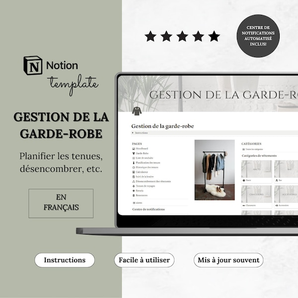 Template Notion Gestion de la Garde-Robe, Outfit Planner, Organisateur de Garde-Robe, Planificateur de Tenues, Template Notion français