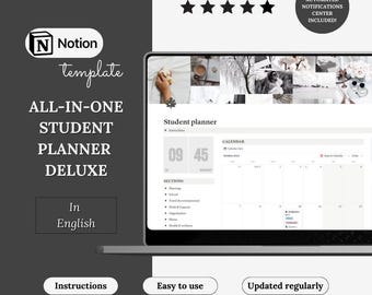 May include: A computer screen displaying a Notion template for a student planner. The template includes a calendar, sections for planning, school, travel, work, and finances, and a section for organization. The template is in English and includes the text "Student planner" and "09 45".