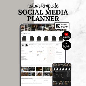 May include: A digital Notion template for a social media planner displayed on a tablet and smartphone screen. The interface features a calendar, content planning sections, and a header with photo collages. Includes a Made for Notion badge.