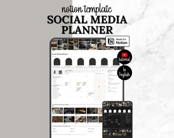 May include: A digital Notion template for a social media planner displayed on a tablet and smartphone screen. The interface features a calendar, content planning sections, and a header with photo collages. Includes a Made for Notion badge.