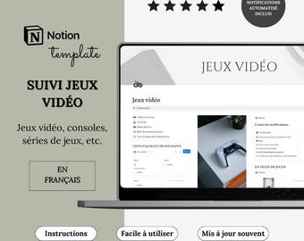 Template Notion Suivi Jeux Vidéo / Librairie de Jeux, Suivi des Consoles & Journal Gaming / Tableau de Bord Gamer Notion français