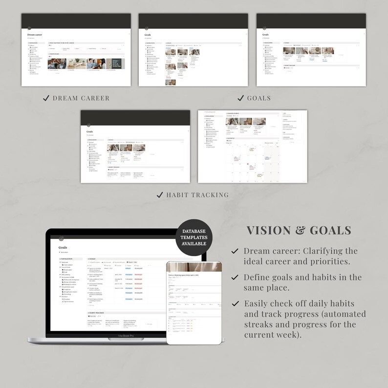 May include: A digital planning dashboard template for Notion featuring multiple views for dream career, goals, and habit tracking. The interface displays lists, calendars, and progress bars. Text includes Vision & Goals, Dream Career, and Habit Tracking.