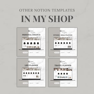 May include: A digital display showing four Notion templates titled Personal Finance, Fitness + Meal Planner, Life Planner, and Travel Planner. Each template features a laptop screen graphic with navigation icons, text, and a Made for Notion badge.