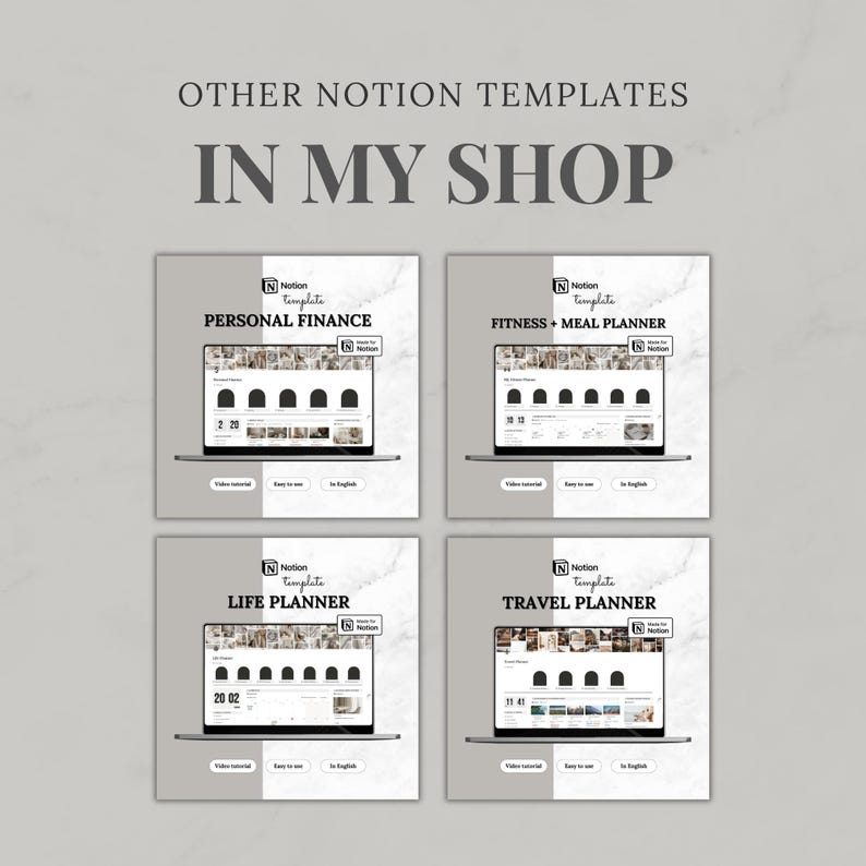 May include: A digital display showing four Notion templates titled Personal Finance, Fitness + Meal Planner, Life Planner, and Travel Planner. Each template features a laptop screen graphic with navigation icons, text, and a Made for Notion badge.