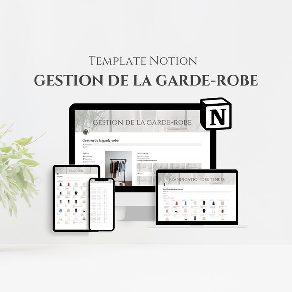 Template Notion Gestion de la Garde-Robe, Outfit Planner, Organisateur de Garde-Robe, Planificateur de Tenues, Template Notion français