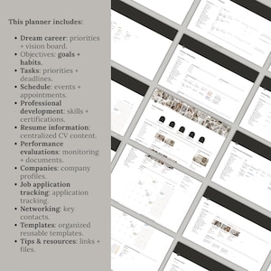 May include: A digital career planner template featuring a list of included sections: Dream career, Objectives, Tasks, Schedule, Professional development, Resume information, Performance evaluations, Companies, Job application tracking, Networking, Templates, and Tips & resources, displayed alongside multiple screenshots of the interface.