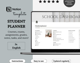 Op de afbeelding: Een laptopscherm dat een Notion-sjabloon voor een studentenplanner weergeeft. Het sjabloon is georganiseerd in secties voor planning, leven, school, werk en snelle acties. De tekst "SCHOOL DASHBOARD" staat bovenaan het scherm. Het sjabloon is in het Engels.