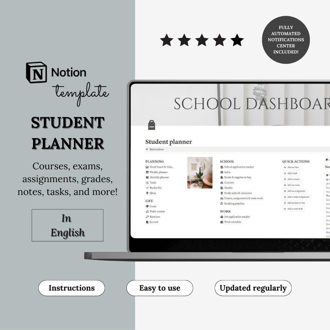 Notion Template Student Planner Academic & College Planner, Study Tracker, Habit Tracker, Assignment and Homework Organizer