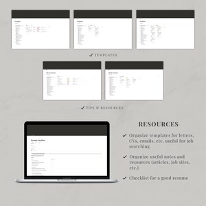 May include: A digital product display featuring five small screenshots of templates and tips and resources, alongside a laptop screen showing a resume checklist. Text includes Templates, Tips & resources, Resources, and a list of organizational features.