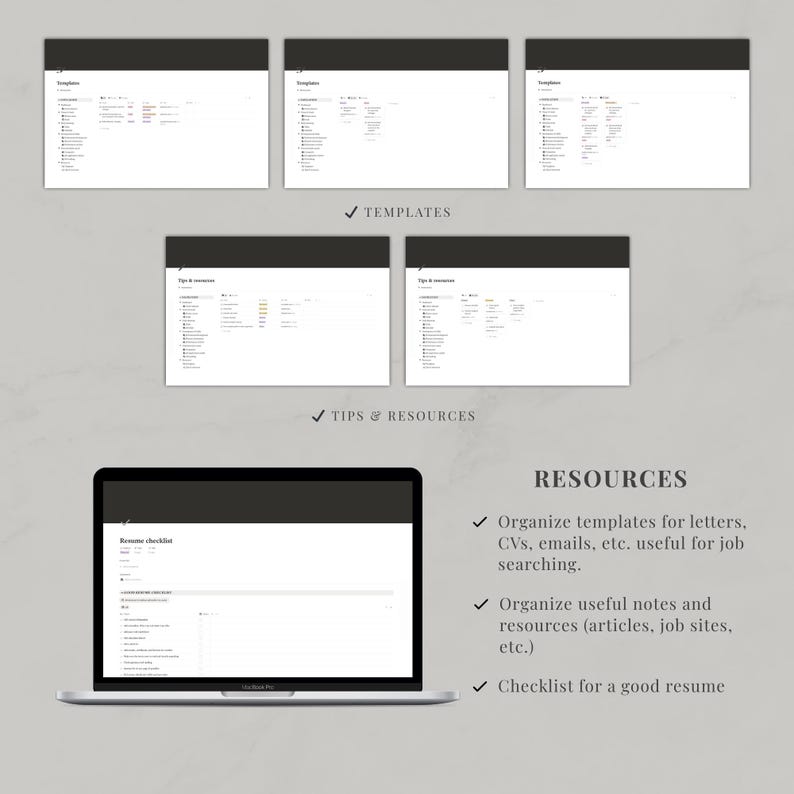 May include: A digital product display featuring five small screenshots of templates and tips and resources, alongside a laptop screen showing a resume checklist. Text includes Templates, Tips & resources, Resources, and a list of organizational features.