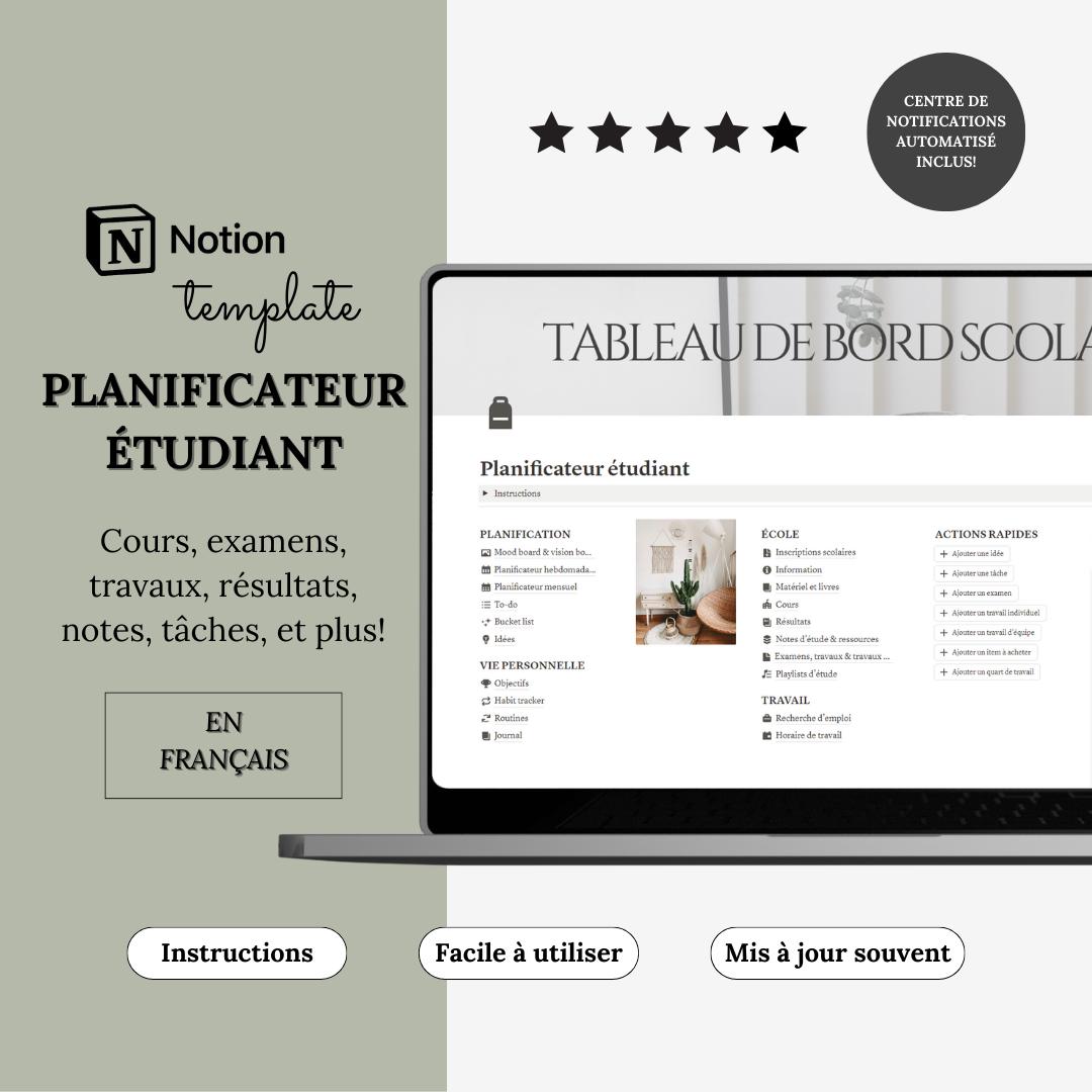Template Notion Planificateur Étudiant | Planner Académique \u0026  Universitaire, Suivi études, Habitudes Organisation Devoirs | Notion  Français - Etsy, image size:1080x1080