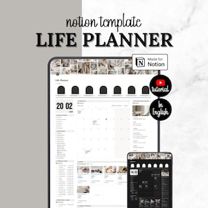 May include: A digital Notion template titled LIFE PLANNER displayed on a tablet and smartphone screen. The interface features a calendar, task lists, and a photo gallery header. Includes a Made for Notion badge and circular icons for tutorial and English.