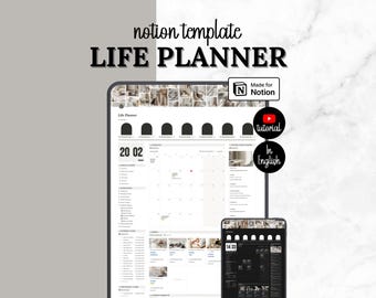May include: A digital Notion template titled LIFE PLANNER displayed on a tablet and smartphone screen. The interface features a calendar, task lists, and a photo gallery header. Includes a Made for Notion badge and circular icons for tutorial and English.