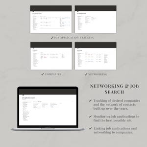May include: A digital job application tracker template displayed on a laptop screen and four smaller interface previews. The interface features columns for tracking companies, networking contacts, and application statuses with text labels throughout.