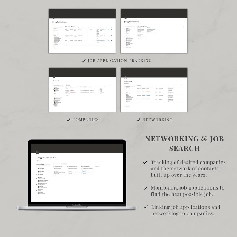May include: A digital job application tracker template displayed on a laptop screen and four smaller interface previews. The interface features columns for tracking companies, networking contacts, and application statuses with text labels throughout.