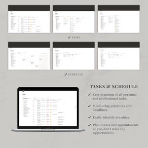 May include: A digital task and schedule management template displayed on a laptop screen and in six smaller preview windows. The interface features organized lists, calendars, and status columns with text labels including Tasks and Schedule.