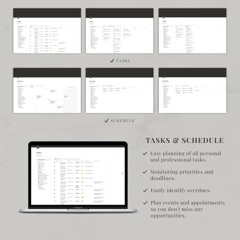 May include: A digital task and schedule management template displayed on a laptop screen and in six smaller preview windows. The interface features organized lists, calendars, and status columns with text labels including Tasks and Schedule.