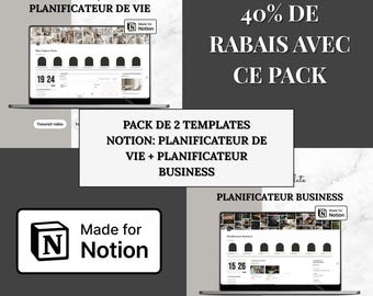 Bundle Templates Notion Planificateur de Vie & Planificateur business tout-en-un | Second cerveau Notion | Tableau de Bord Notion français