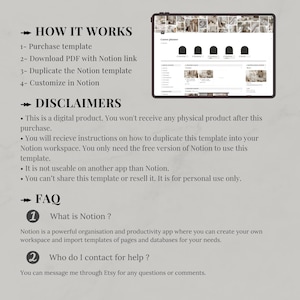 May include: A digital Notion template guide featuring a tablet display of a career planner. Text includes HOW IT WORKS, steps for purchase and customization, DISCLAIMERS regarding digital delivery and personal use, and an FAQ section about Notion.