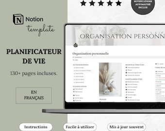Template Notion Planificateur de Vie Ultime | Tableau de Bord Notion Vie personnelle | 2e cerveau Notion | Tout-en-Un Notion français