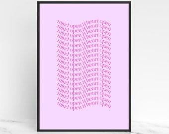Mind Open & Heart Open A4 Digital Download, Pink Art Quote, Positive Mantra, Therapist Decor, Therapy Art, Psychology, Positive Self Talk