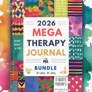 May include: A spiral-bound 2026 Mega Therapy Journal Bundle. The cover features a white rectangle with the title in red and yellow. The journal has a colorful patchwork design with various patterns and watercolor splashes.