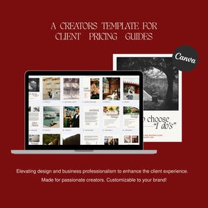 May include: A laptop displays a template for client pricing guides, with a red background. The screen shows various images. A Canva logo is in the upper right. Text reads: "A Creators Template for Client Pricing Guides."