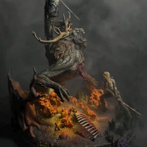May include: A detailed fantasy figurine depicting a battle scene. A warrior with a sword faces a monstrous creature with antlers and a gaping maw. The base features fiery orange foliage and a bone structure, with a second warrior in the background.
