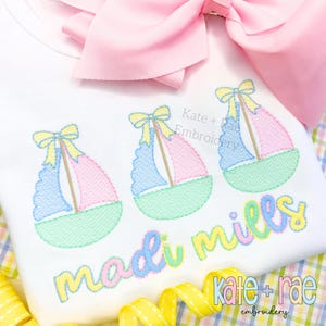 Sailboat Trio with Bows Sketch Stitch Embroidery Design • Girls Sailboat Trio Embroidery Design • Summer Boat Machine Embroidery Design