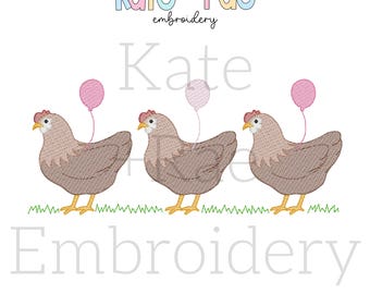 Croquis d&#39;anniversaire de trio de poulets Motif de broderie au point • Motif de broderie anniversaire animaux de la ferme • Motif de broderie poulet • Motif numérique