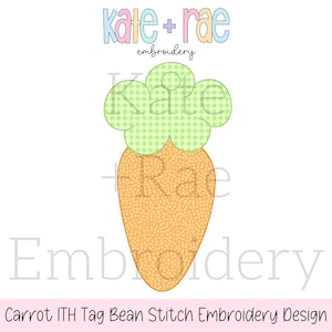 May include: A digital embroidery design of a carrot with a green gingham top. The design is for use with an in-the-hoop embroidery machine.