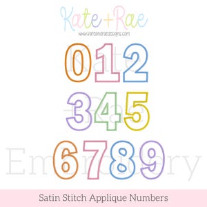 May include: A collection of colorful satin stitch applique numbers 0-9 in various colors, including orange, pink, blue, purple, green, and yellow. The image also includes the text "Kate + Rae" and "Satin Stitch Applique Numbers".