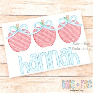 Girls Apple Trio with Connecting Bows Sketch Embroidery Design - Girls Back to School Embroidery Design - Apple Trio Embroidery Design