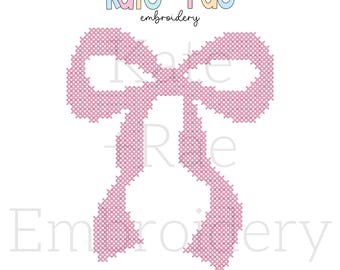 May include: A pink cross-stitch bow design on a white background. The bow is the central focus, with a detailed pattern. The text "Kate + Rae embroidery" is at the top, and "Merritt Bow Cross Stitch Embroidery Design" is at the bottom.